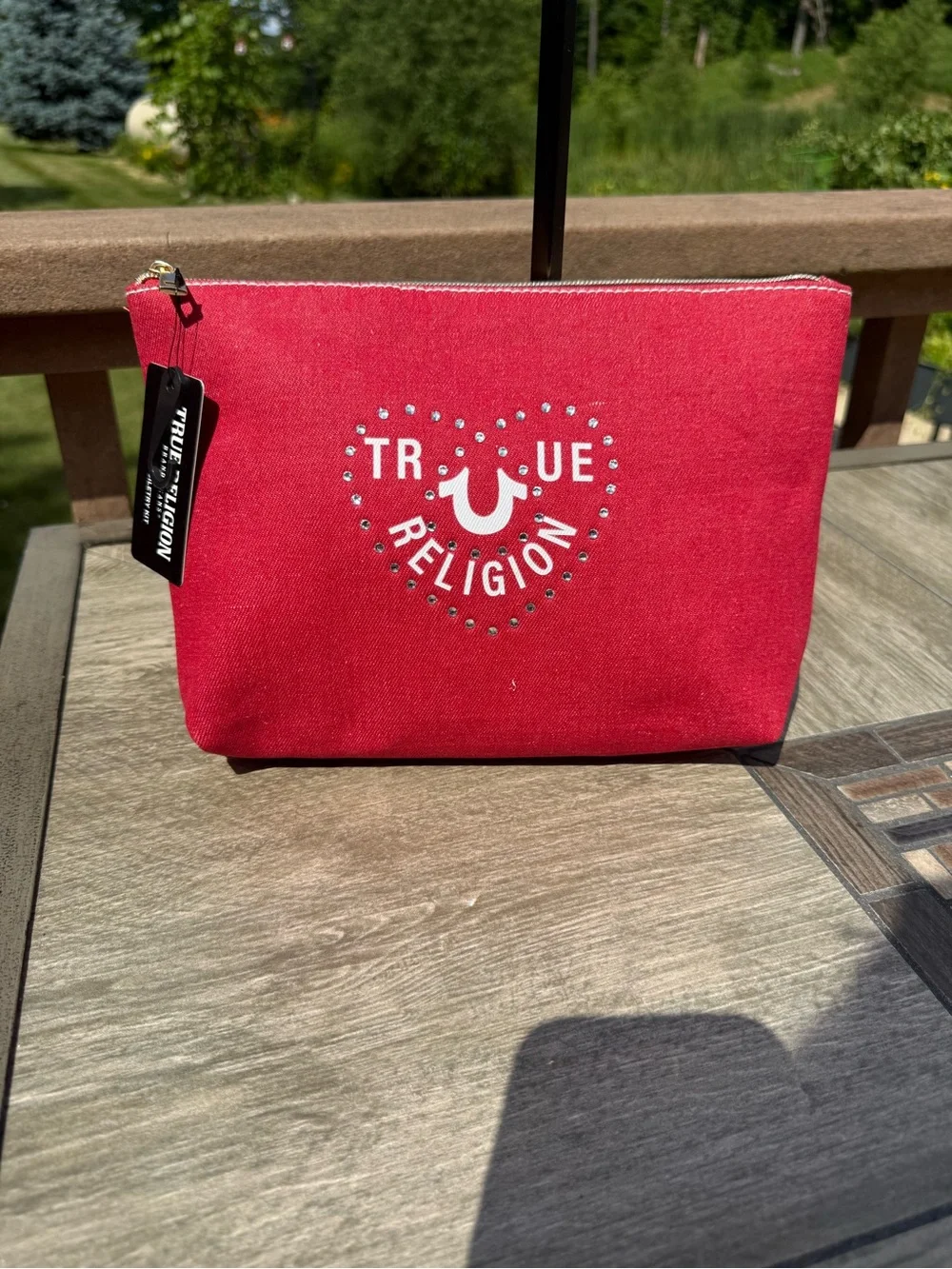 NWT True Religion Rhinestone Heart Toiletry Kit / Makeup Bag Red